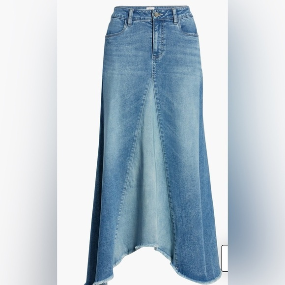 Wash Lab Pieced Denim Midi Asymmetrical Two Toned Skirt Size 30 Two Tone Sky - Picture 10 of 11
